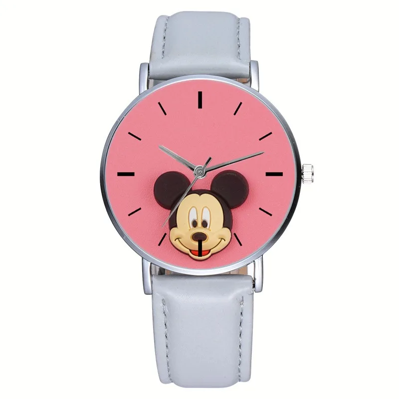 New Disney Pink Cartoon Mickey Children\'s Watch Pu Leather Strap Student Quartz Watch kids watches girls birthday gifts