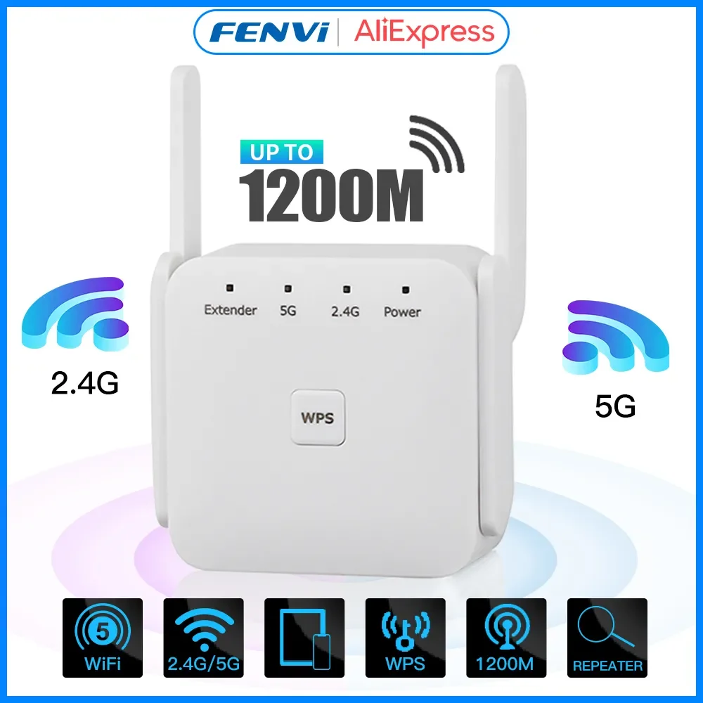 5Ghz AC1200 WiFi Repeater 1200Mbps Router WiFi Extender Amplifier 2.4G/5GHz Wi-Fi Signal Booster Long Range Network Access Point