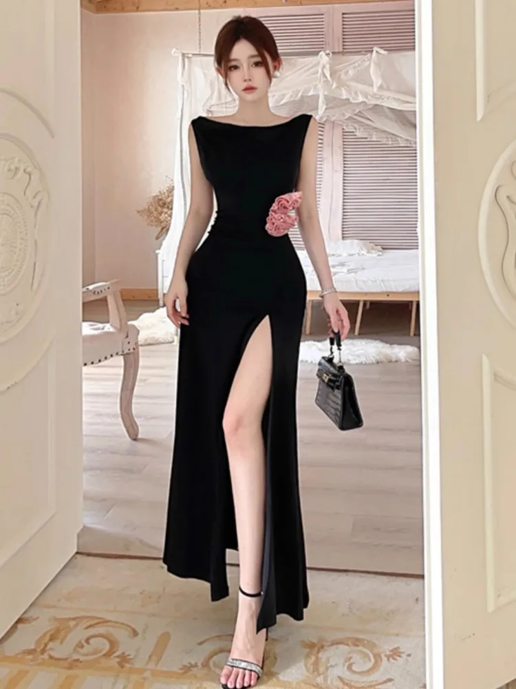 Topenomi Summer Black Evening Dresses Women Sexy 3D Flower High Waist Split Sleeveless Long Cocktail Graduation Party Dress Robe