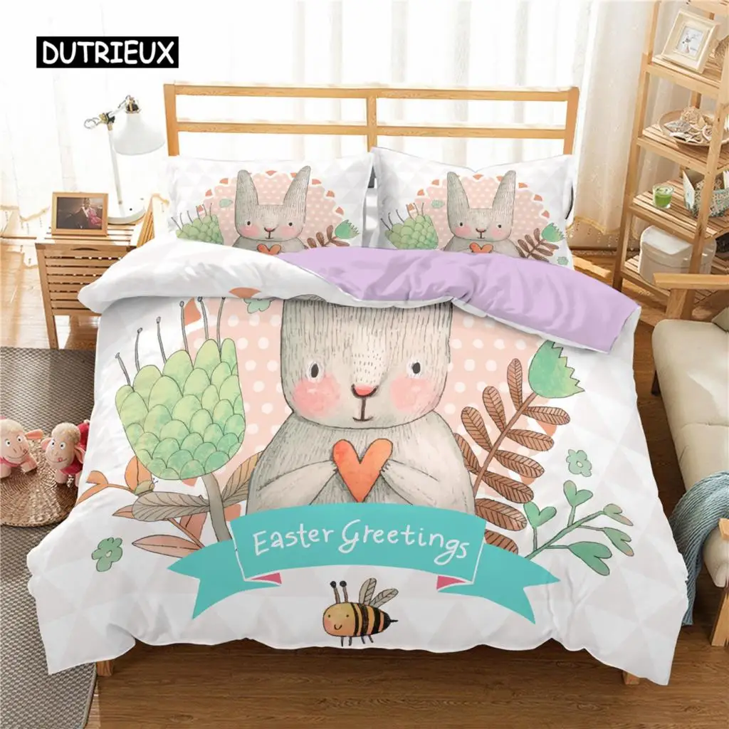 

Easter Bunny Duvet Cover Set King Abstract Plants Flowers Bedding Set Microfiber Animal Bee Rabbit Quilt Cover for Girls Teens