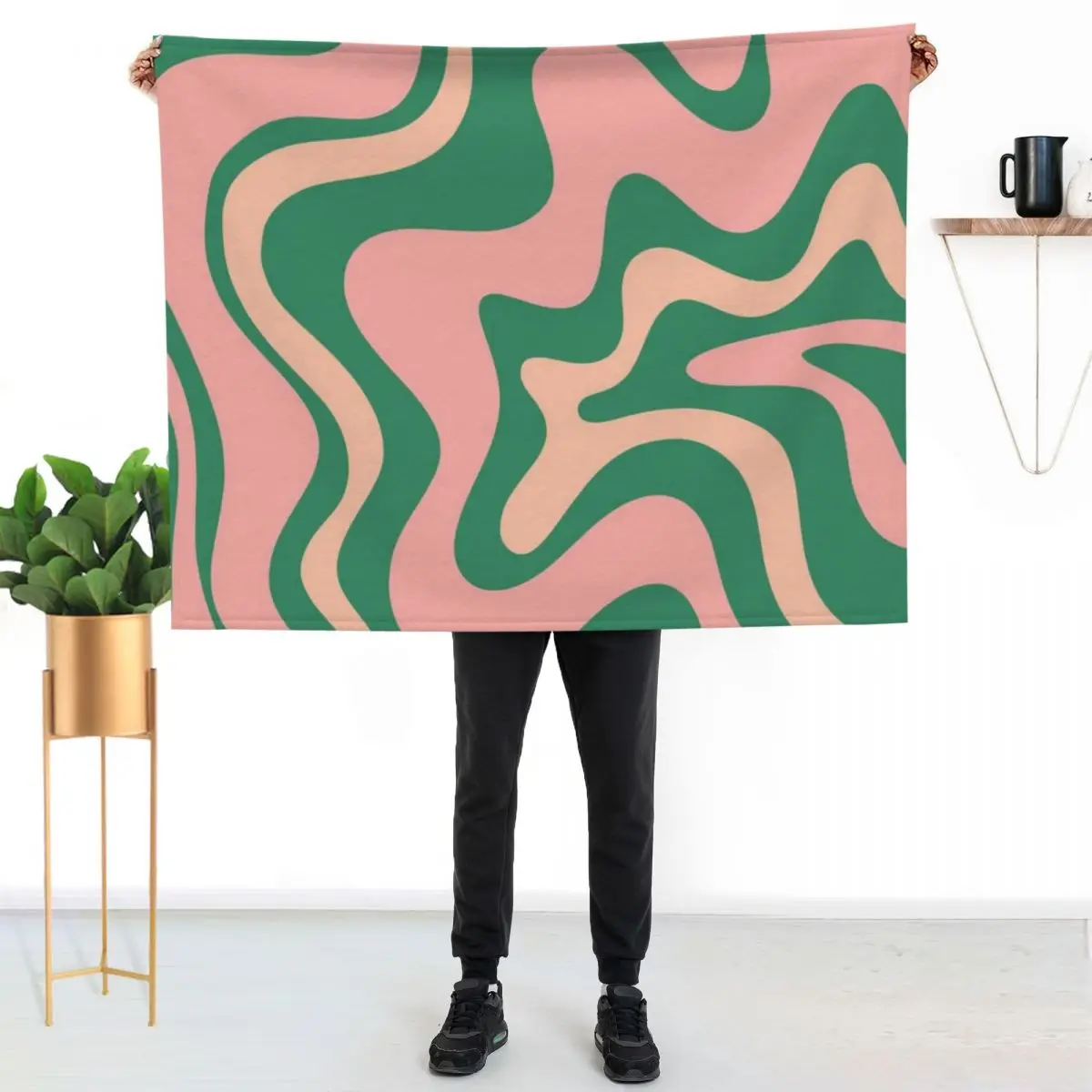 Liquid Swirl Contemporary Abstract Pattern in Blush Pink and Green Throw Blanket Custom Summer Blankets