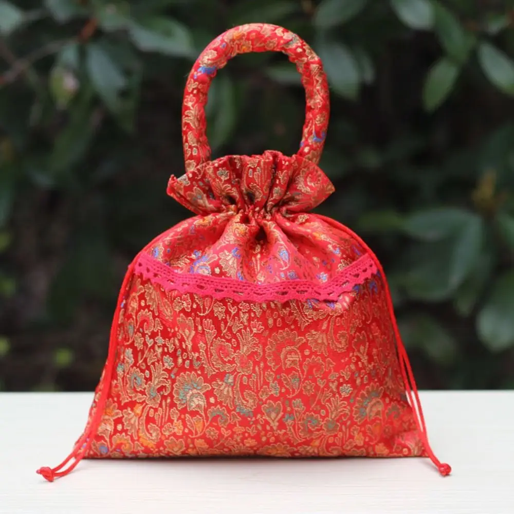 

Chinese Style Flower Drawstring Bag Candy Storage Wedding Canvas Tassel Handbag Party Red Pocket New Year Bucket Bag Party