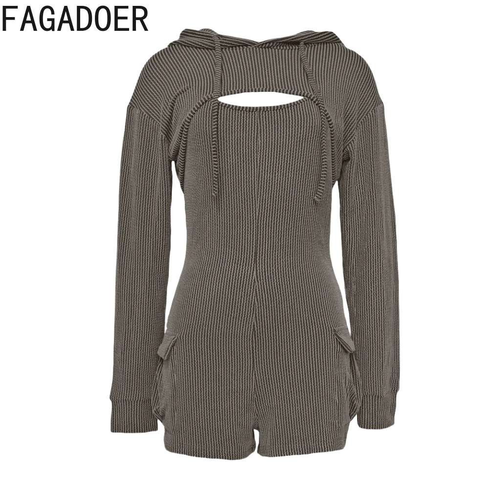 FAGADOER Gray Ribber Casual Bodycon Rompers Women Solid Slim Elasticity Jumpsuits And Long Sleeve Hooded Crop Top 2pcs Outfits