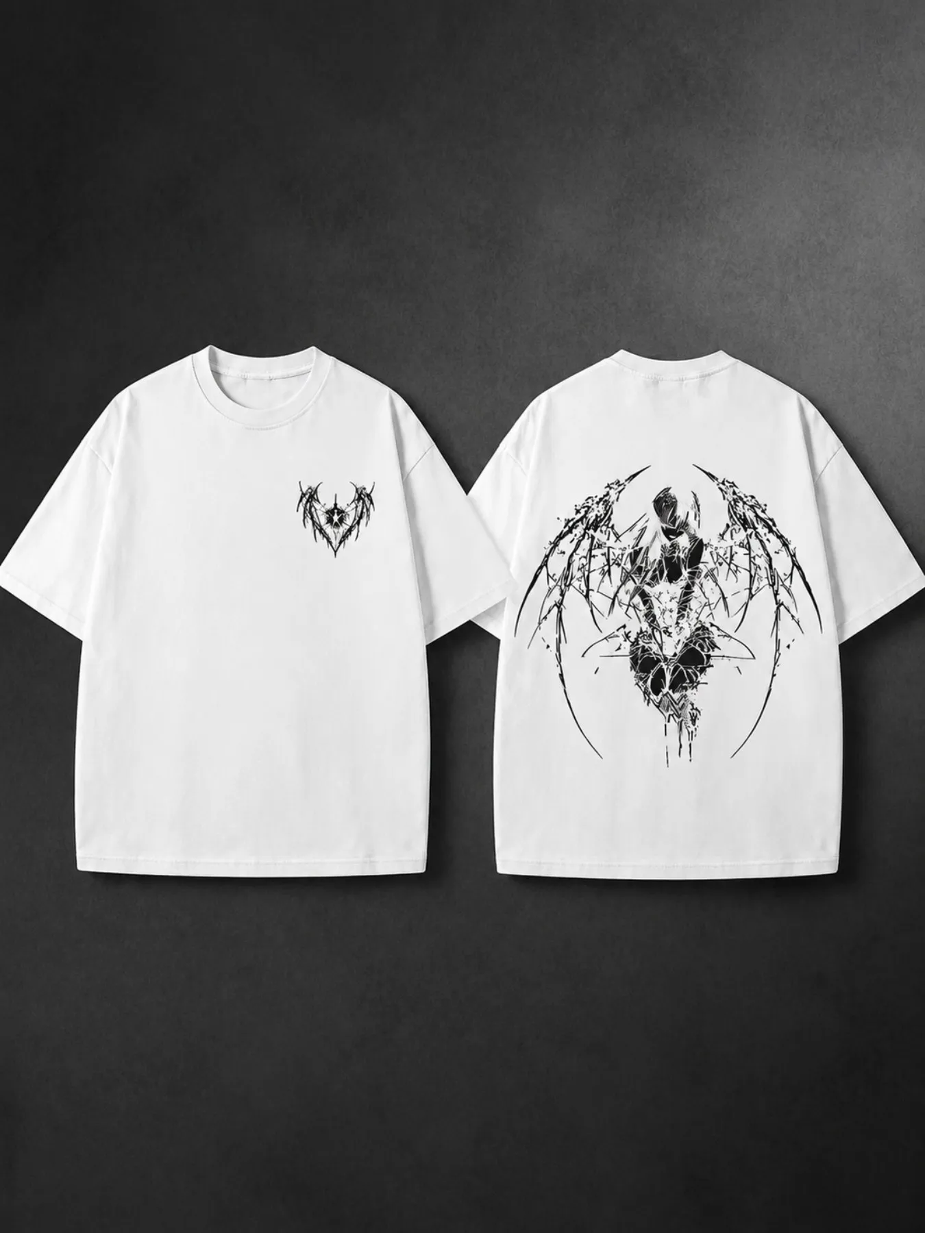 Dark Anime Girl Wings White Thread Print Women's Loose Short Sleeved T-shirt Summer Top Loose Breathable Fun Street Trend Style