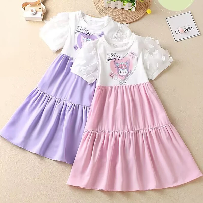 

Summer Sanrio Girl Clothes Teen Girls Kuromi Cartoon Short Sleeve Princess Dress Cute Children Fashion Clothing Vestidos 5-13Y