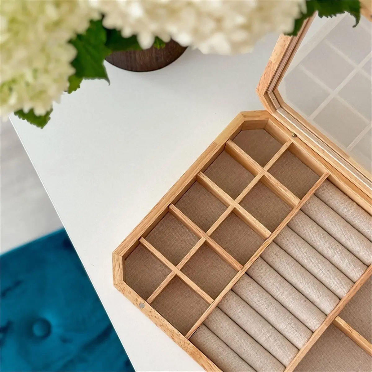 Oak Earring and Necklace Jewelry Box, Bracelet and Ring Storage Box, Octagonal Gift Box, Transparent Jewelry Box
