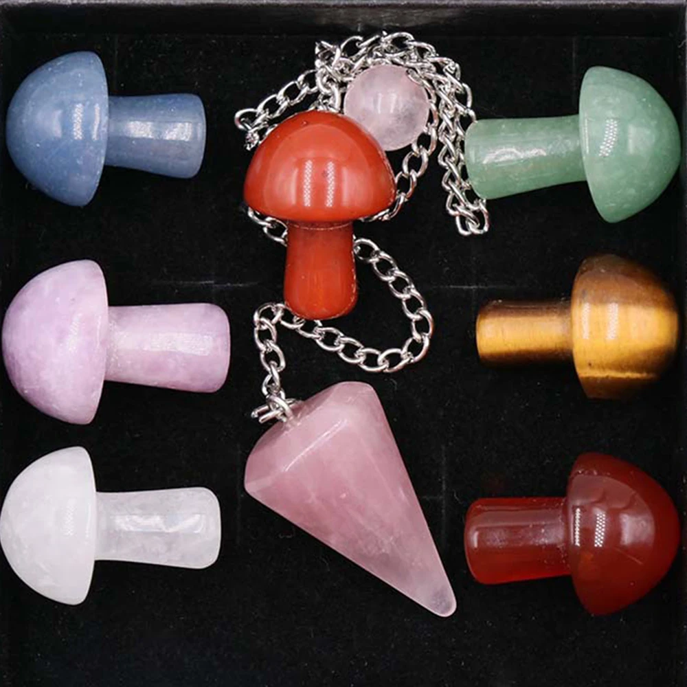 

Natural Rose Quartz Pendulum 7 Chakras Agate Stone Mushroom Shape Energy Reiki Healing Crystals Set for Yoga Meditation Amulet