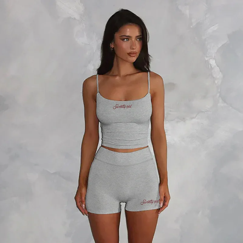 Women's Pajama Set Fashionable Street American Casual Tracksuit Slim Fit Letter Print Suspender Shorts Fitness 2-pic Summer Set