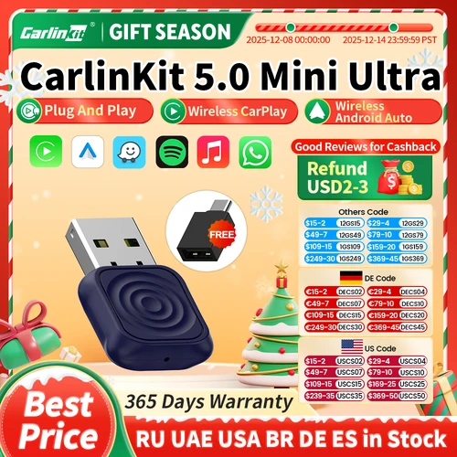 CarlinKit 5,0 adaptador inalámbrico Mini Ultra inalámbrico Android Auto y CarPlay USB Dongle para actualización de coche WiFi Bluetooth conexión automática