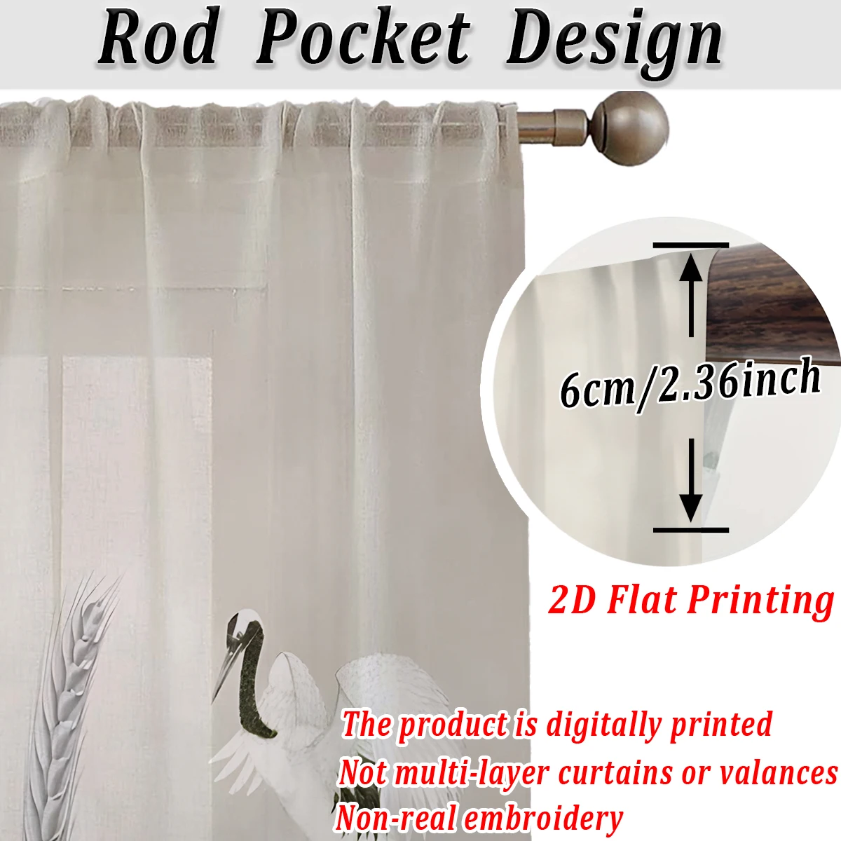 ستارة شفافة مطبوعة مسطحة من القصب الأبيض، قماش خفيف، لغرفة المعيشة وغرفة النوم وديكور المنزل والنافذة