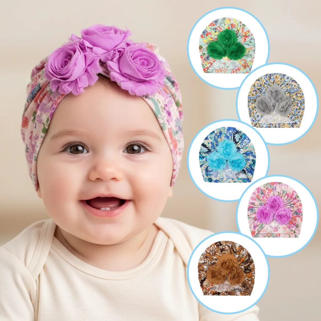 

Spring Breathable Vintage Floral Baby Turban Hat 0-12 Months Infant Headwear Cute 3D Flower Baby Girl Cap