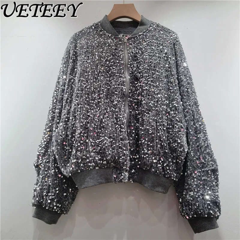 

Куртка женская с воротником-стойкой, длинными рукавами и пайетками, весна 2026, новая модная коллекция, корейский стиль, свободный крой, блестящая, на молнии, укороченная, в стиле бейсбольной куртки