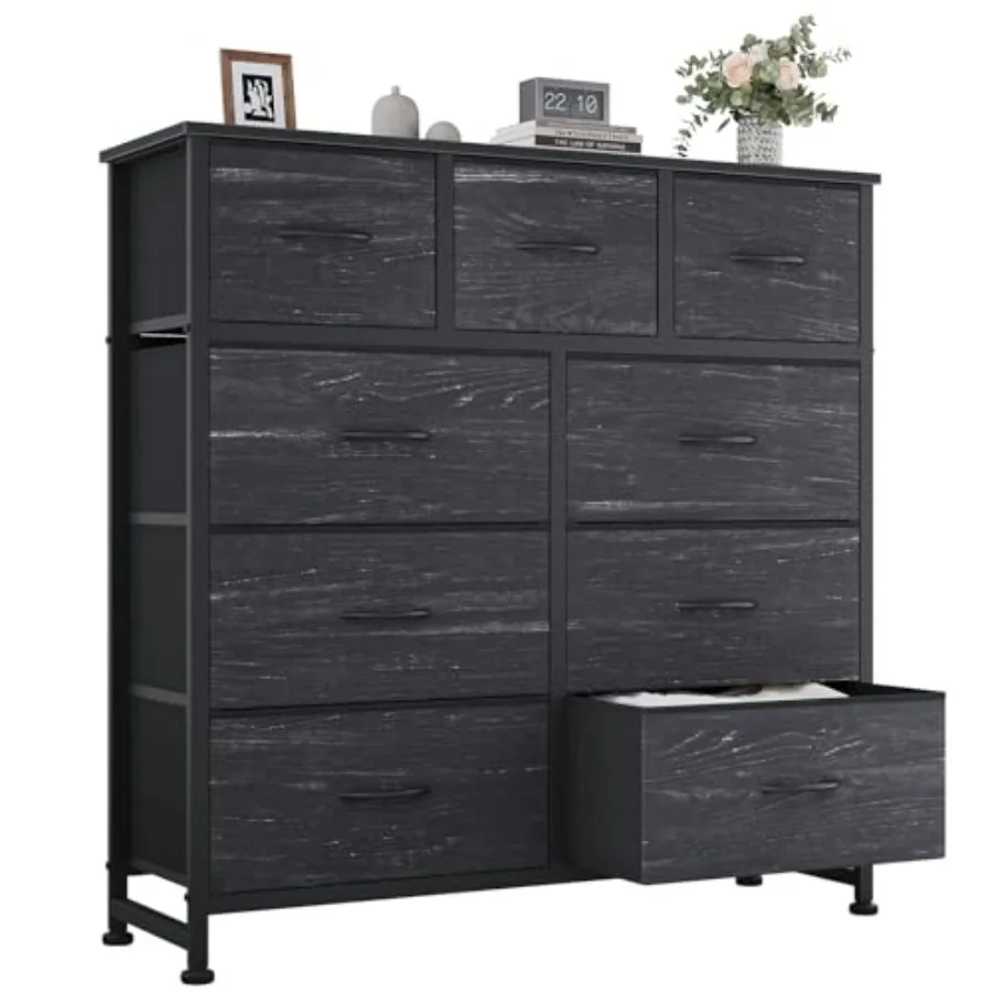 

9 Drawer Storage Dresser with Wood Top - Wide Fabric Chest Organizer for Bedroom, Closet, Living Room, Tower Cabinet, TV Stand,