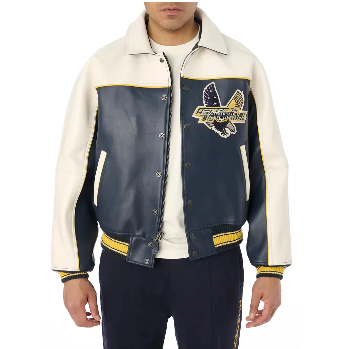 AVIREX Autumn New Athletics Varsity Jacket Men's European Lambskin Leather Jacket Fashion Casual Embroidery Flight Suit coat