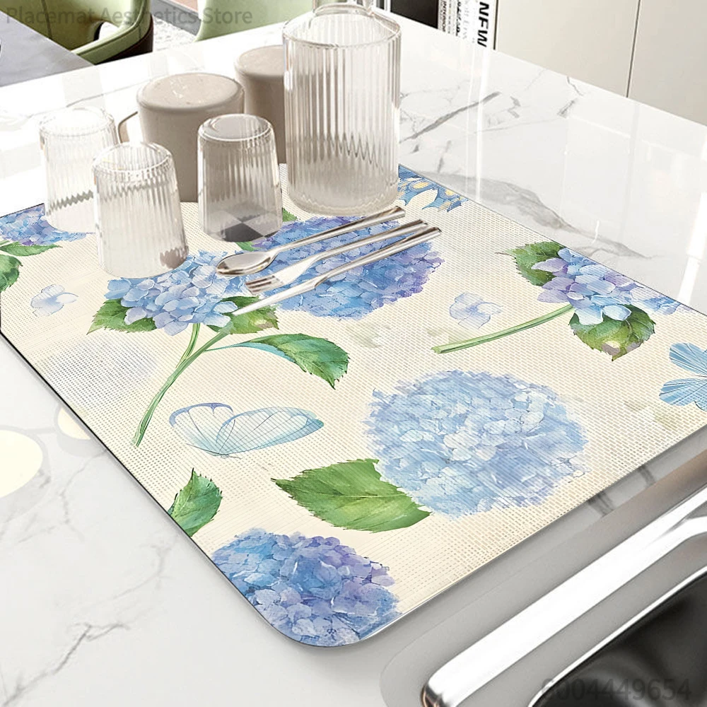 Watercolor Style Plant Flower Rose Mat Super Absorbent Non-slip Draining Pad Kitchen Tableware Drying Mat