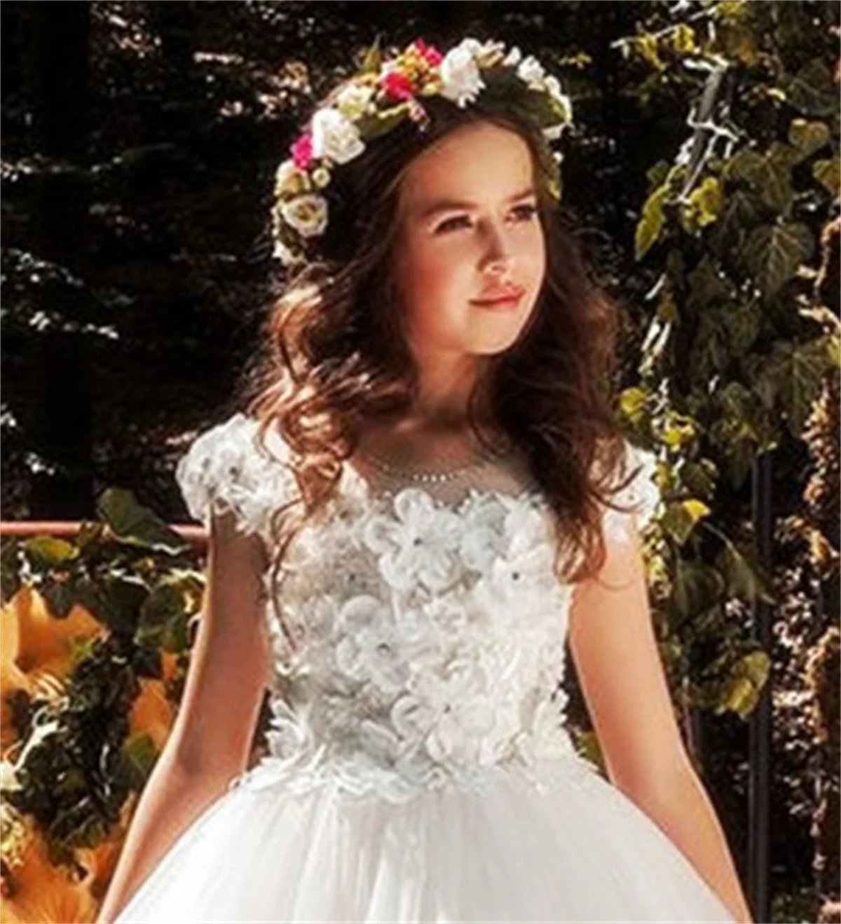 Vestidos elegantes de flores blancas para niña, para boda, tul, mariposa, apliques 3d, fiesta de cumpleaños para niños, vestido de desfile, vestido