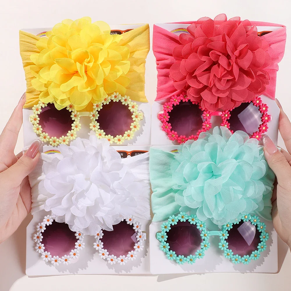 Diadema de flores de satén con margaritas para niñas recién nacidas, conjunto de gafas redondas, diadema ancha elástica, 2 piezas