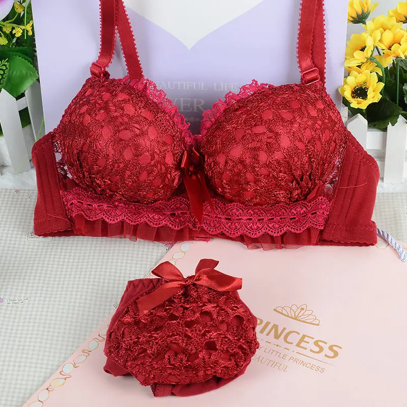 

New Wireless Women Lace Bra Set Sexy Bow Push Up Underwear Suit No Wire Bra Briefs Brassiere Lingerie Ladies Sets Big Size 70-85