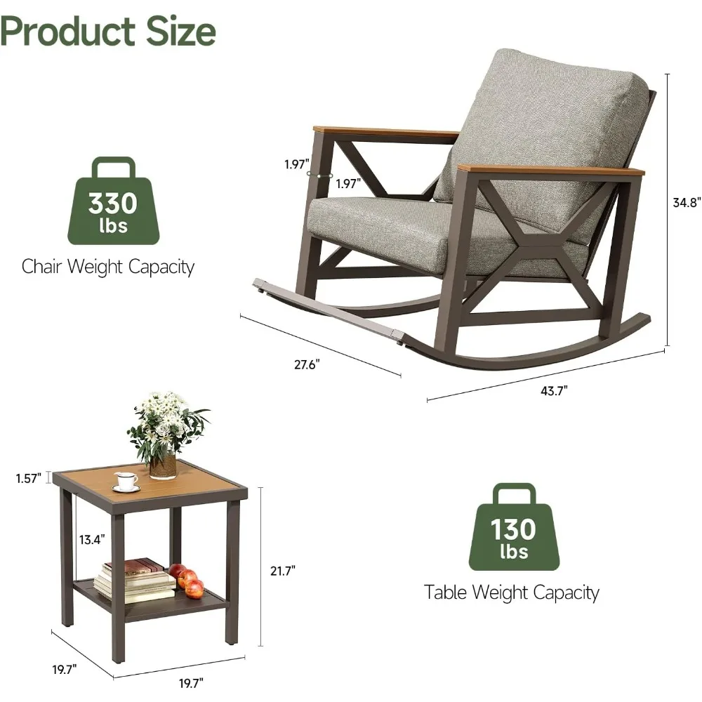 مجموعة Rocking Bistro، مجموعة محادثة للفناء مكونة من 3 قطع، كراسي هزازة بإطار مجلفن مكونة من قطعتين مع طاولة قهوة وسميكة