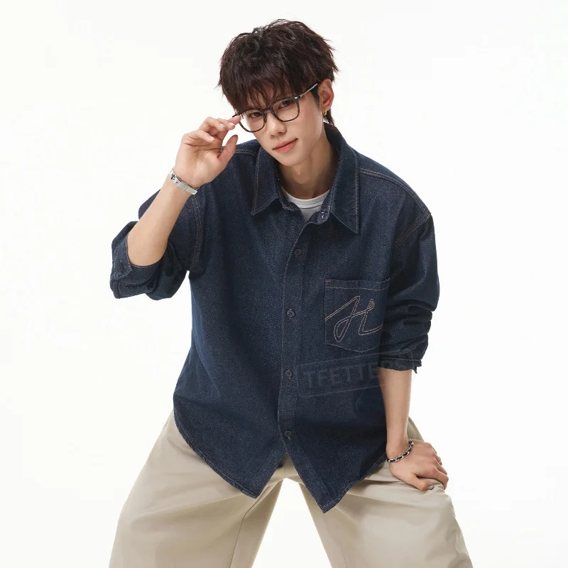 TFETTERS 2026 Autumn Retro Men Denim Shirt Washed Long Sleeve Distressed Pocket Embroidery Loose Fit Campus Commute Blouse Man