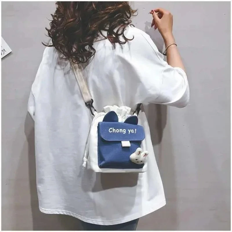 Popular Women\'s Bags New Canvas Bags Korean Fashion Shoulder Bag Drawstring Students Girl Cotton Crossbody Bags for Women