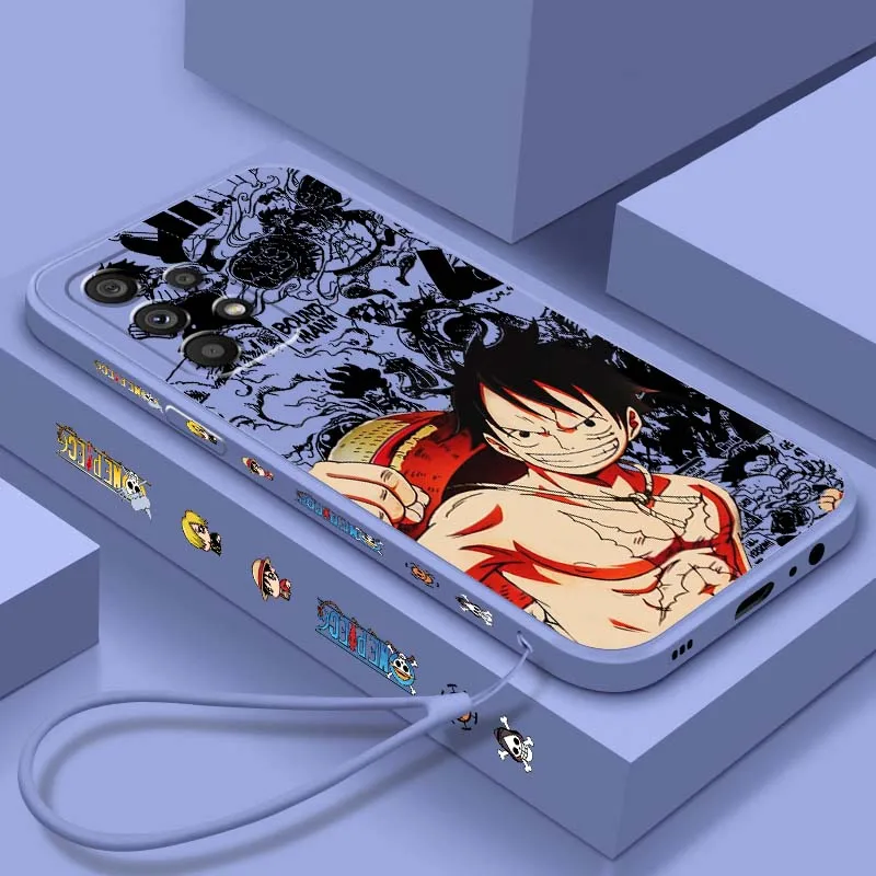 Comic One PieceLuffy Art Phone Case For Samsung A71 A72 A73 A51 A52 A53 A54 A55 A21s A35 A34 A32 A03 5G Liquid Left Rope