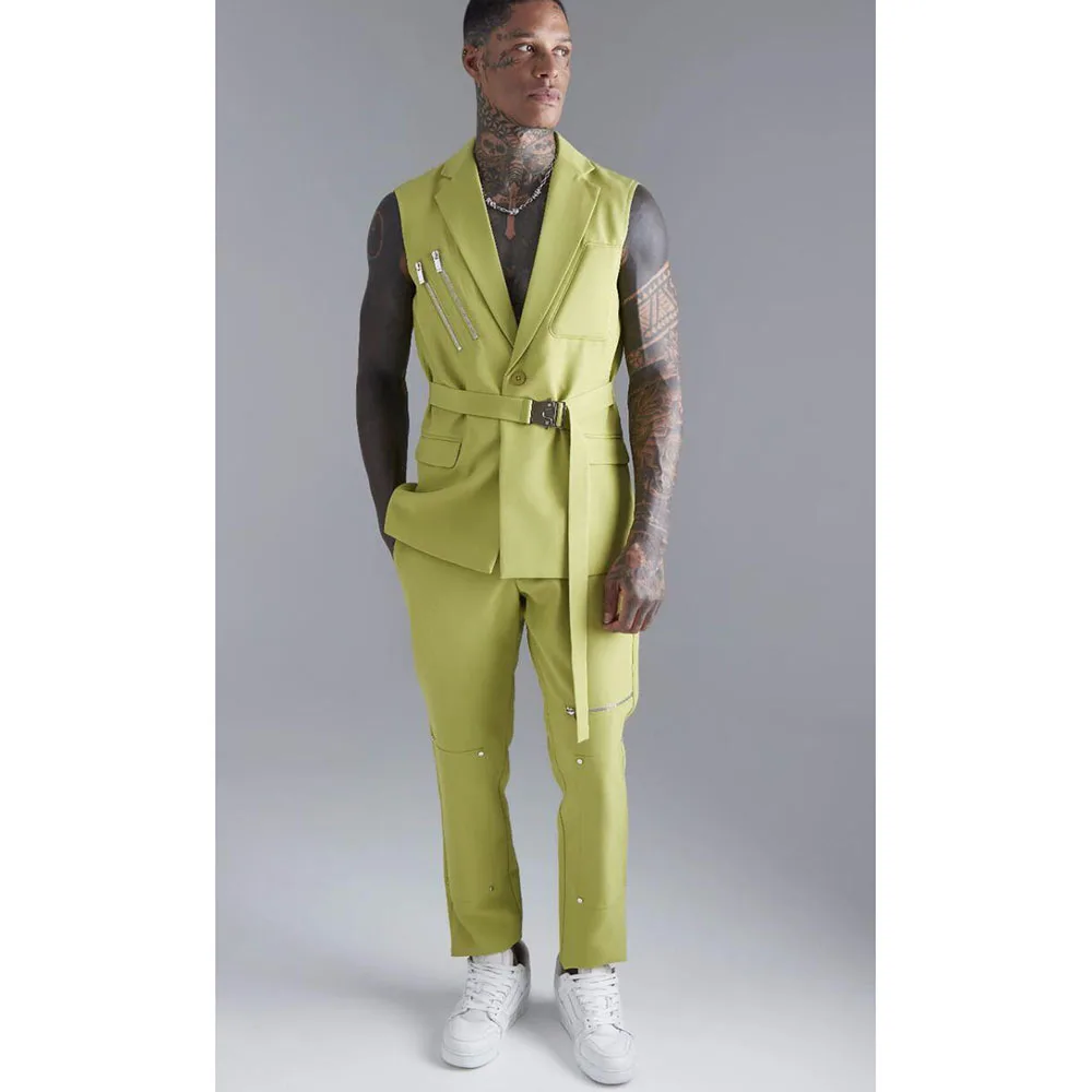 Green Men Suits V Neck Notch Collar Sleeveless 2 Pieces Jacket Pants High Quality Banquet Celebrity Male Clothing Classic
