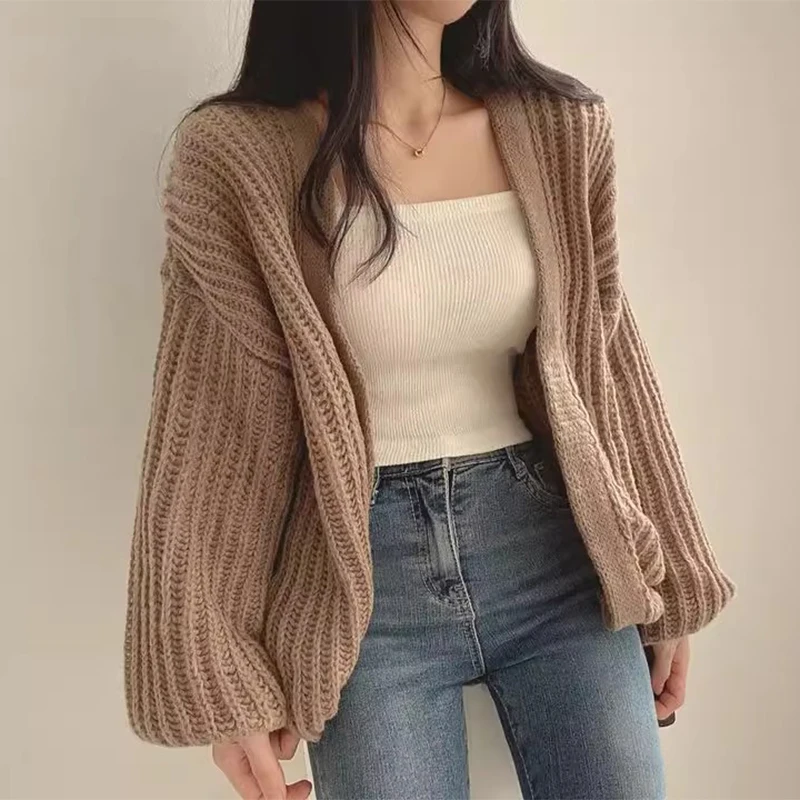 シックな秋冬のゆったりスタイル、Vネック、ルーズで万能なランタンスリーブ、柔らかく心地良いニットのオープンカーディガンセーター、アウターウェア