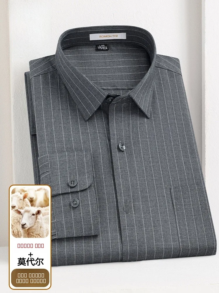 

Rn Premium Long Sve Wool Blend Men's irt Busin Casual Striped Pattern Drapey Fit for Middle-aged And Younger