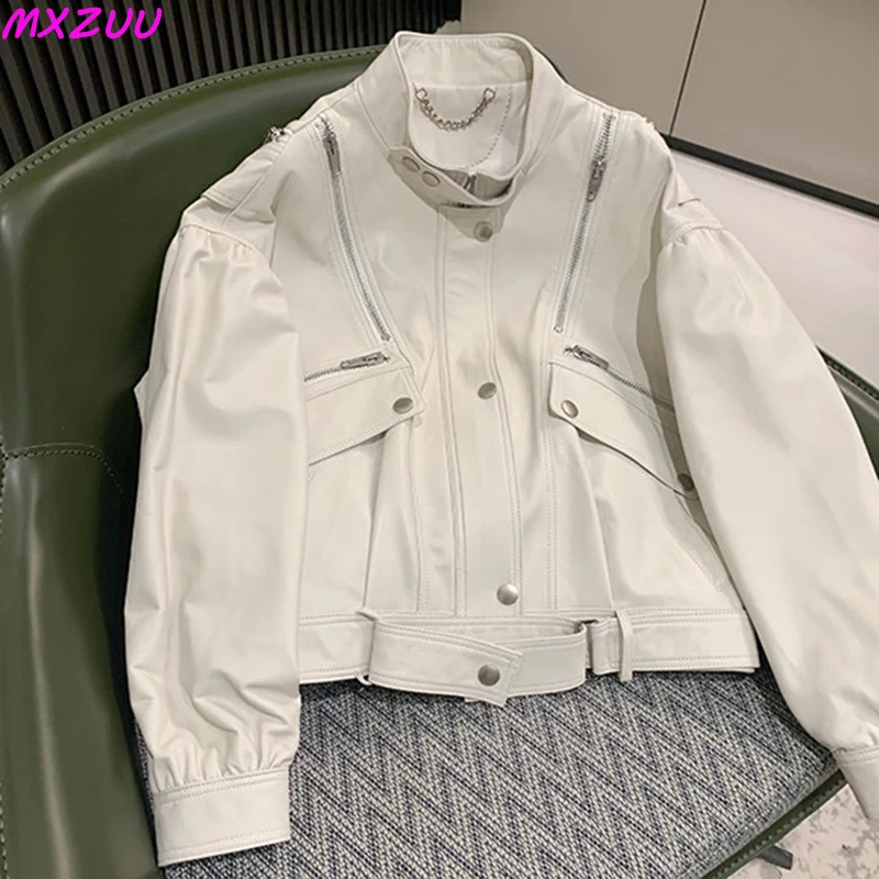 Women Short Trendy Baseball Uniform Chaqueta Piel Mujer Genuine Sheepskin Punk Locomotive Loose Manteau Pocket Metal Zipper Tops