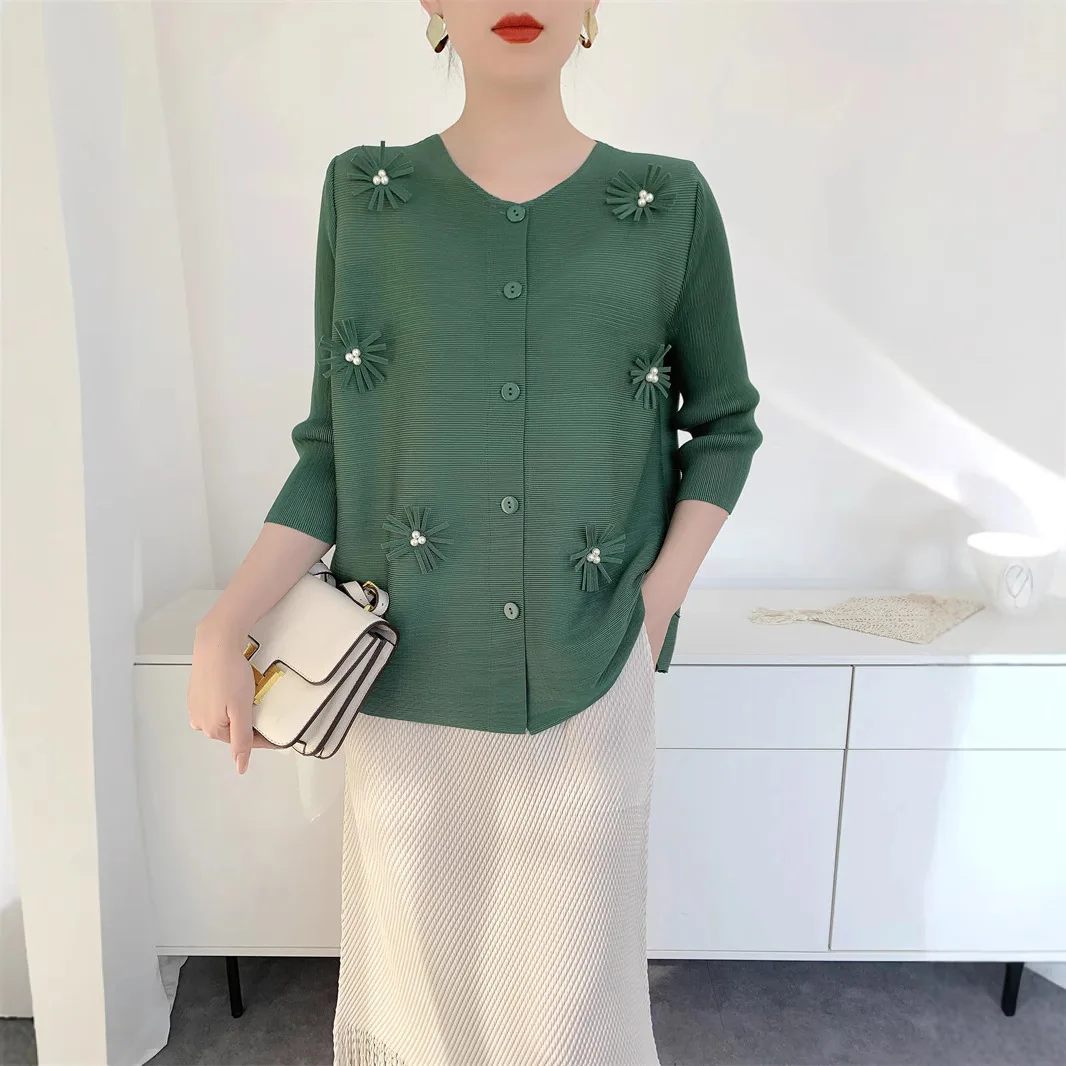 Miyake Pleated Top for Women 2025 Solid Color Design Sense 3D Order Round Neck Single-breasted Long Sleeve T-shirt for Women
