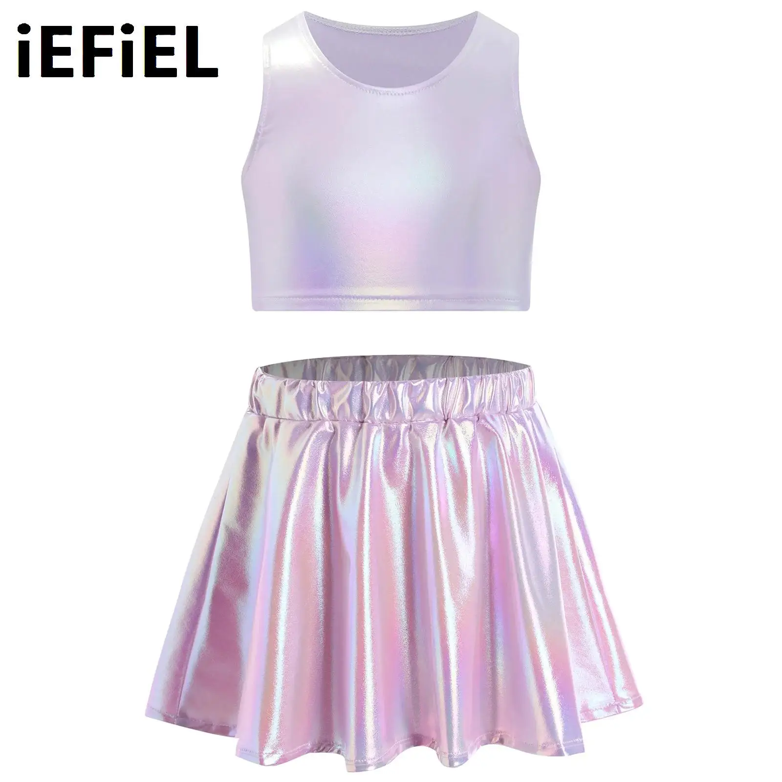 

Kids Girls Metallic Jazz Sets Sleeveless Crop Tank Top with Skirt for Dance Cheerleading Stage Performance