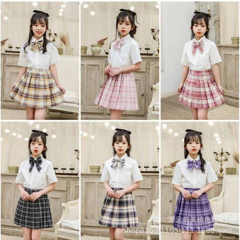 Girls' Preppy Style Skirt Outfit New Western Style Children's Long Short Sleeve Tartan Skirt Two-Piece Set JK Uniform Pleated Sk