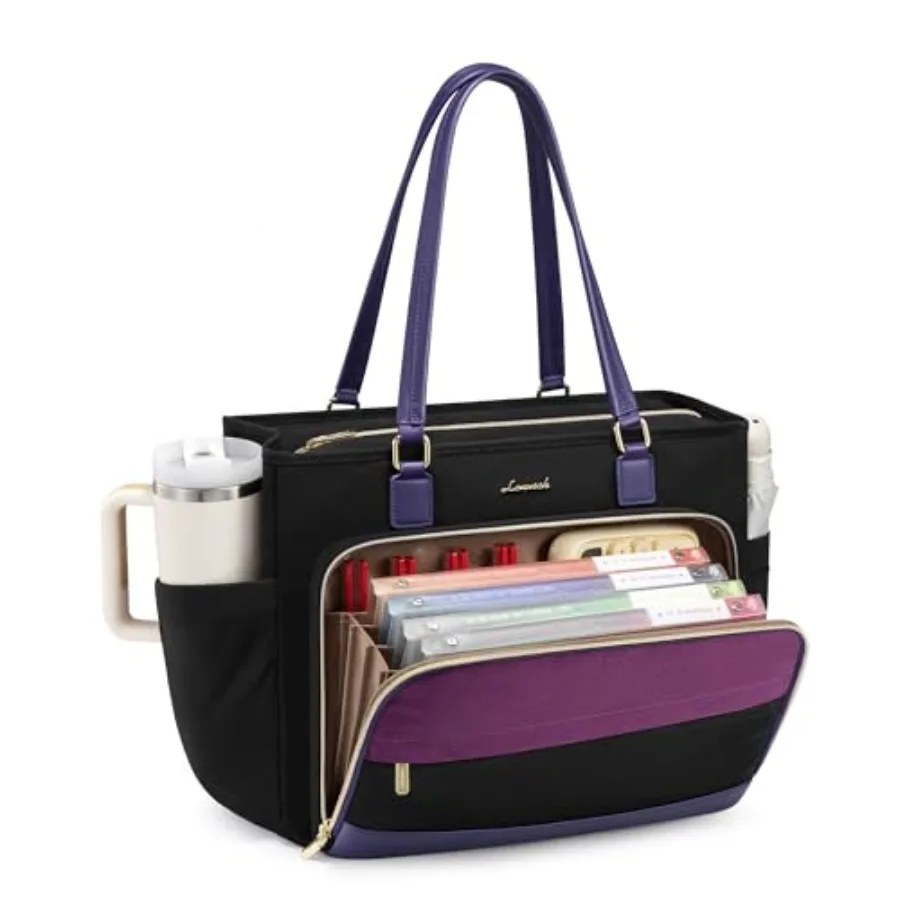 

LOVEVOOK Teacher Tote Bag Laptop Bag for Women with Large Cup Holder and Accordion File Area Work Tote Bag for Business