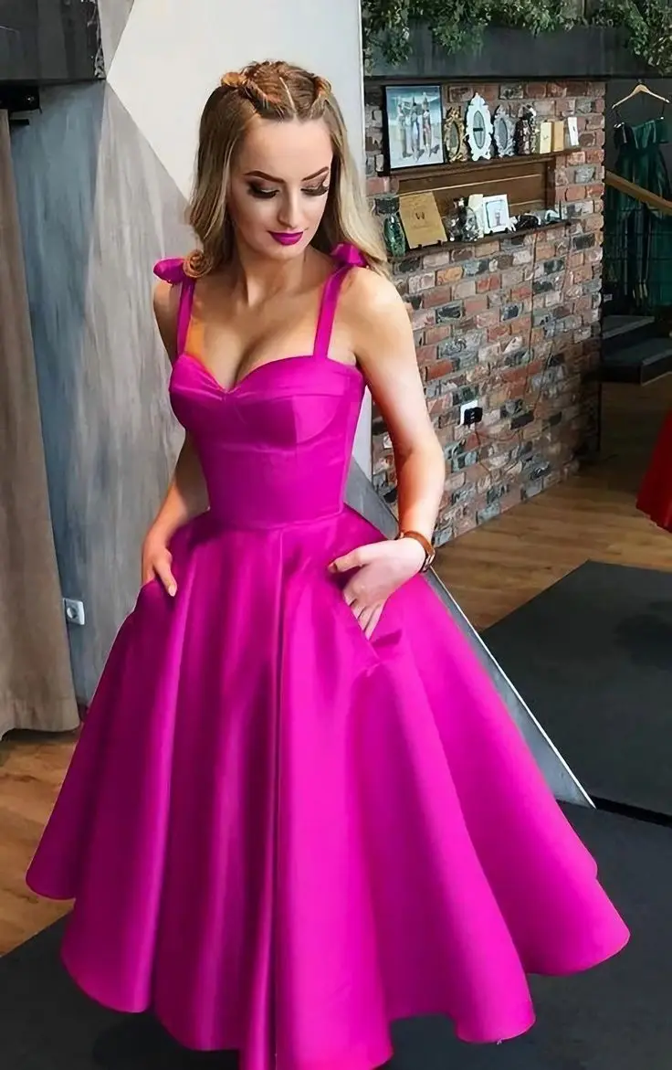 Vestidos de satén fucsia para baile de graduación, traje Formal hasta la rodilla con bolsillos, tirantes finos, línea A, fiesta de noche, graduación, Homecoming, 2024