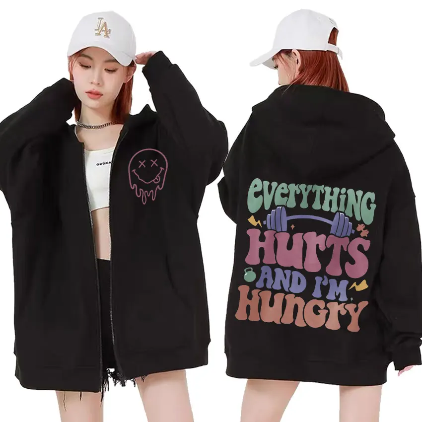 Everything Hurts and I’m Hungry Funny Zip Up Hoodie Men Women Retro Muscle Mommy Gym Jacket Sweatshirt Coat Casual Zip Up Hoodie