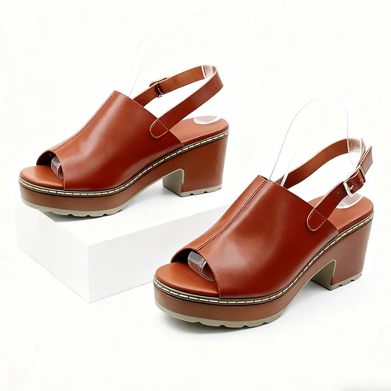 

Summer open-toe peep-toe high-heeled sandals, solid color platform wedge mule women's shoes with adjustable back strap