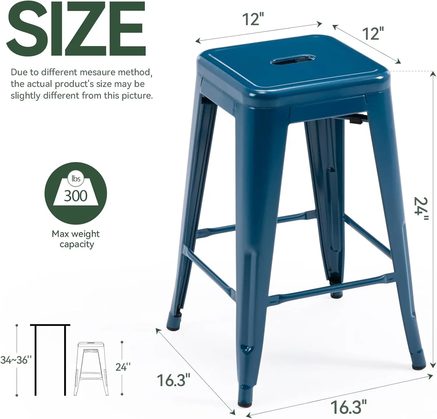 24' 바 스툴 백클메탈 바스툴 실내외 카운터 높이 스툴(사각형 시트 포함), 4개 세트(딥 블루)