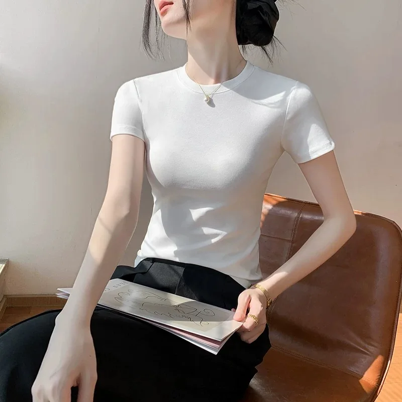 Baumwoll-T-Shirt für Damen Sommer 21 Einfarbig O-Ausschnitt Sexy Büro-Damen T-Shirt Figurbetont Schmal Basic Top Lässige Modekleidung – Detail 3