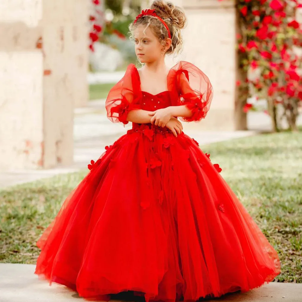 Red Flower Girl Dresses Kids Puff Sleeves Open Back Kids Princess Birthday Dress Long 3D Appliques Pageant Gown for Toddlers