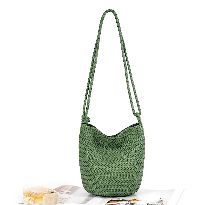 Mendy Genuine Leather Hand woven Bucket Bag Women Natural Woven Texture Drawstring Closure Boho Resort Chic Summer Versatile New
