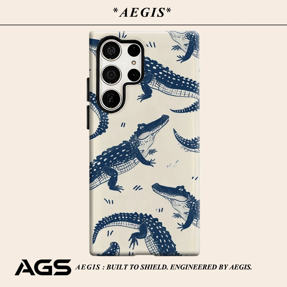 Ink Blue Crocodile Phone Case for Samsung Galaxy S25 Ultra S24 S23 Ultra Plus Glossy Double-layer Back Cover