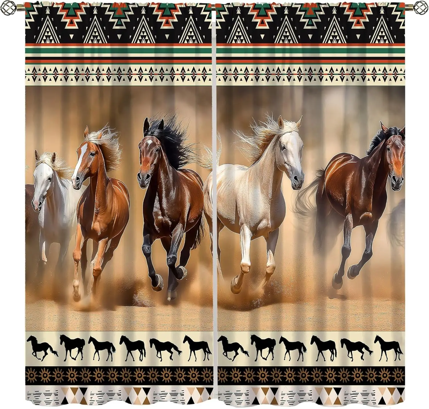 Western Horse Curtains, Vintage Aztec Countryside Desert Geometric Wild Horse Animal Running Decor Window Treatments, Thermally
