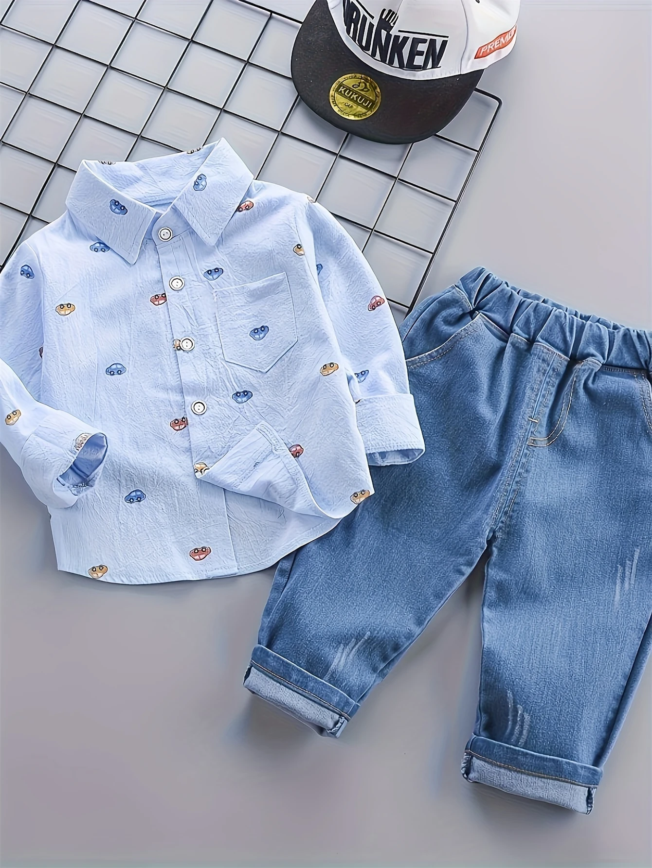 Infant Boys Daily Two Piece Clothes Set Adorable Car Print Long Sleeve Collared Shirt Elastic Waist Blue Denim Pants Suit