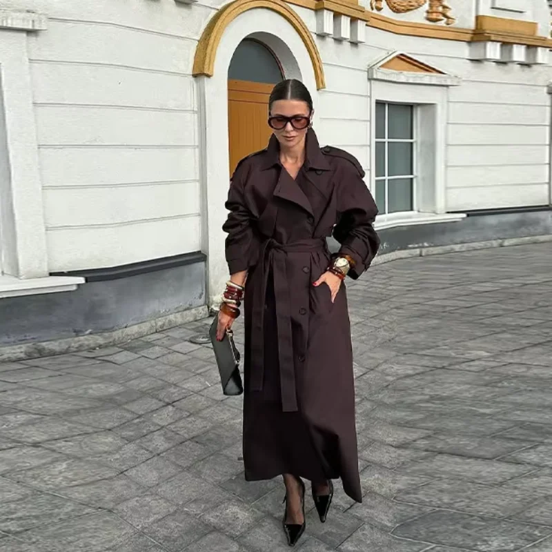 Vintage brauner Revers langer Trenchcoat Mode Langarm Einreiher Schnürung Windjacke 2025, Herbst Dame Pendler Outwear