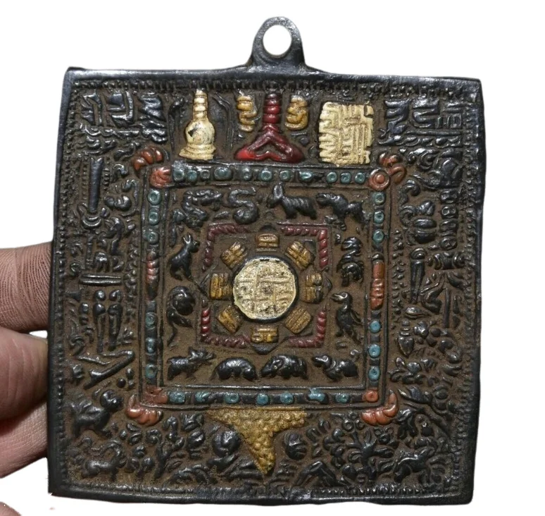 

9CM Old Tibet Bronze Color Painting 12 Zodiac Year Flower Amulet Pendant Bell