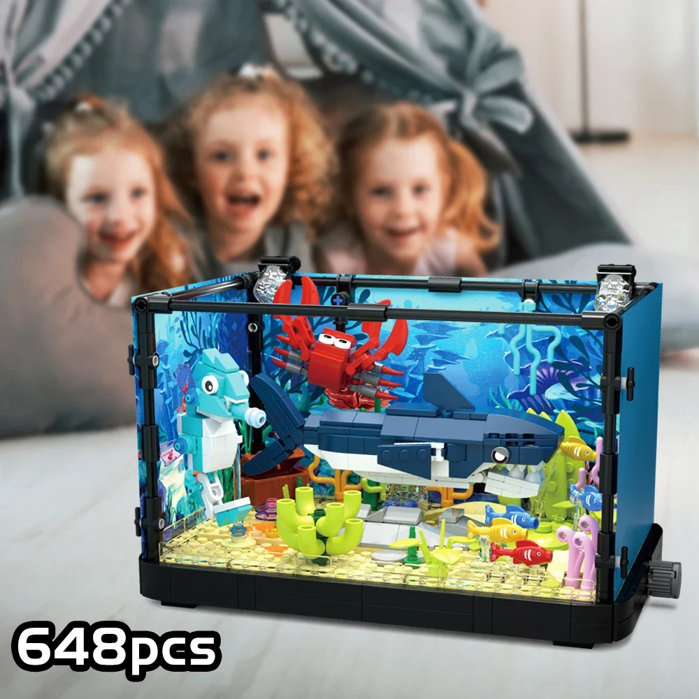 Fish Tank Building Kit with Lights, MOC Marine Aquarium Marine Animal Building Blocks Toys for Kid 6+, Bricks Toys Kid Boy Gifts