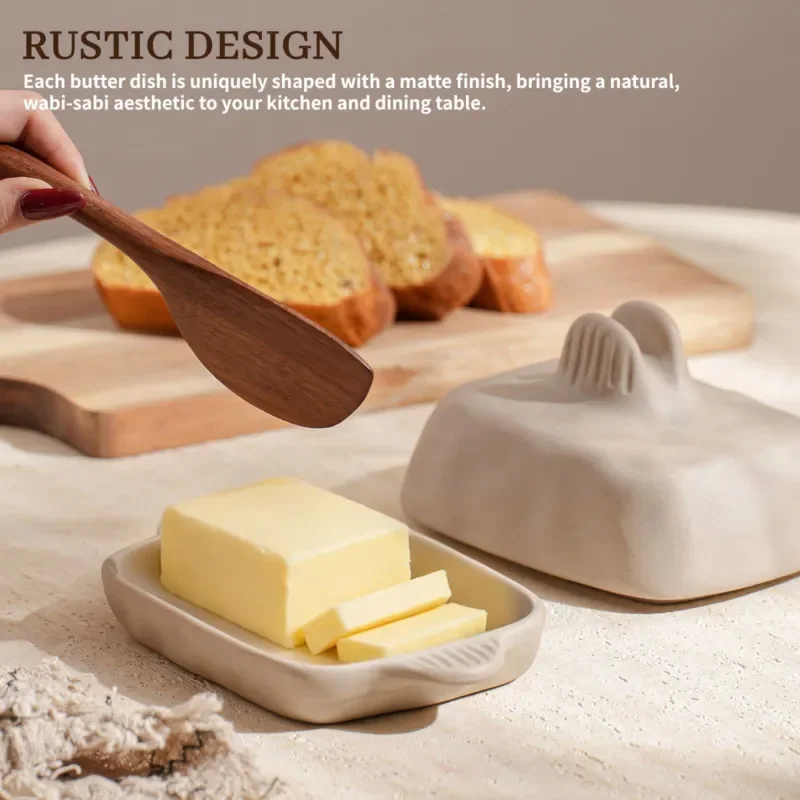 Handmade Textured Stoneware Butter Dish with Lid Rectangular Ceramic Butter Keeper for Kitchen Counter Food Storage