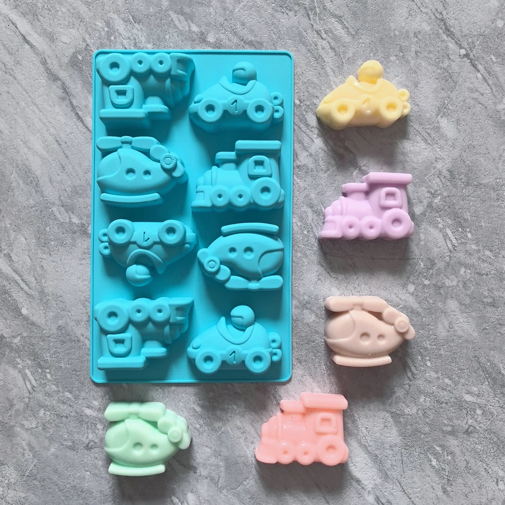 1pc 8-cavity car, helicopter shaped silicone mold, used for 3D chocolate cream cake, brownie, French dessert molds