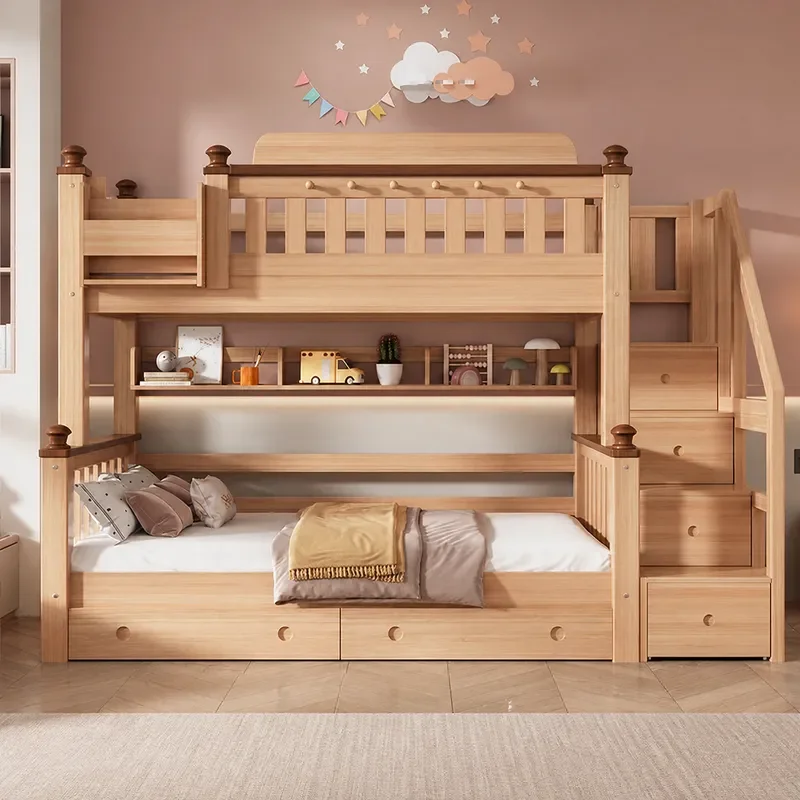 Liriodendron Bunk Bed with Ladder and Cabinet Double Deck High Low Beds for Adults Space Saving Two Tier Sleeping Furniture